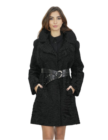Cappotto persiano swakara nero 44 con cintura in pelliccia collo petto e bavero manica lunga