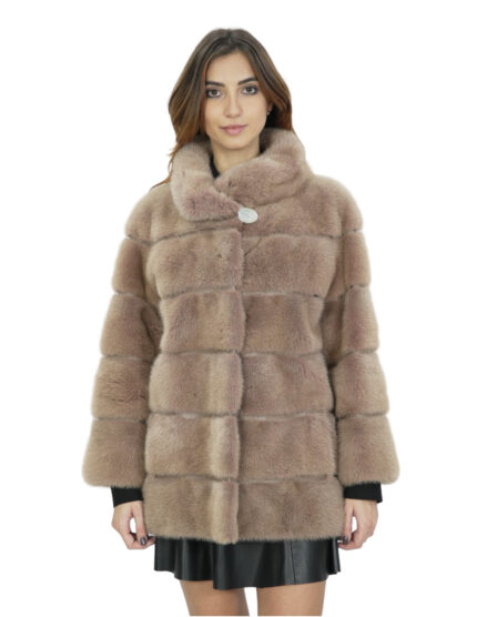 Cappotto 70 centimetri cipria visone orizzontale pelliccia donna manica 3/4