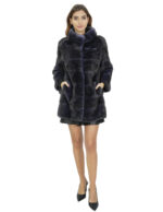 Pelliccia di visone donna blu dorsato 42 cappotto ganci manica 3/4 collo coreano
