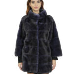 Pelliccia di visone donna blu dorsato 42 cappotto ganci manica 3/4 collo coreano