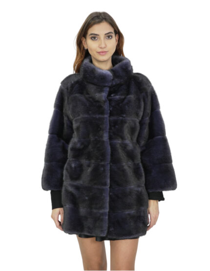 Pelliccia di visone donna blu dorsato 42 cappotto ganci manica 3/4 collo coreano
