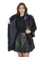 Pelliccia di visone donna blu dorsato 42 cappotto ganci manica 3/4 collo coreano