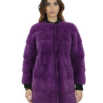 Pelliccia visone viola cappotto 82 cm 42 donna orizzontale collo chanel manica 3/4