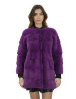 Pelliccia visone viola cappotto 82 cm 42 donna orizzontale collo chanel manica 3/4