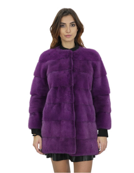 Pelliccia visone viola cappotto 82 cm 42 donna orizzontale collo chanel manica 3/4
