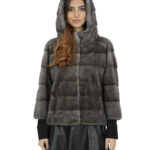 Giacca blue iris pelliccia visone cappuccio 46 manica tre quarti orizzontale chiusura ganci donna