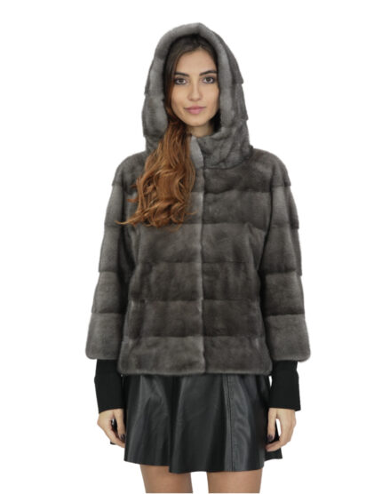 Giacca blue iris pelliccia visone cappuccio 46 manica tre quarti orizzontale chiusura ganci donna