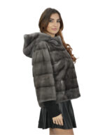 Women's Blue Iris Fur Mink Hood Jacket 46 Three-quarter Sleeve Horizontal Hooks Closure - Image 4
