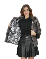 Women's Blue Iris Fur Mink Hood Jacket 46 Three-quarter Sleeve Horizontal Hooks Closure - Image 7