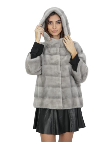 Giacca zaffiro pelliccia visone cappuccio 44 manica tre quarti orizzontale chiusura ganci donna