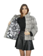 Damen Saphirpel Nerz Kapuzenjacke 44 Ärmel Dreiviertellänge Horizontaler Hakenverschluss – Bild 7