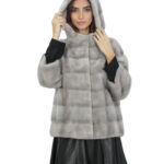 Giacca zaffiro pelliccia visone cappuccio 48 manica tre quarti orizzontale chiusura ganci donna