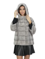 Giacca zaffiro pelliccia visone cappuccio 48 manica tre quarti orizzontale chiusura ganci donna