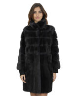 Giacca in pelliccia visone lunga 86 centimetri 44 orizzontale e pelle intera grigio scuro manica 3/4