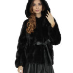 Giacca pelliccia visone nero cintura pelle interna 42 cappuccio manica lunga orizzontale