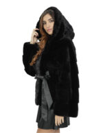 Black mink fur jacket belt inner leather 42 hood long sleeve horizontal - Image 3