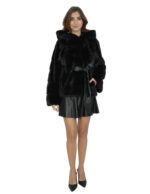 Black mink fur jacket belt inner leather 46 hood long sleeve horizontal - Image 5