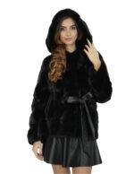 Giacca pelliccia visone nero cintura pelle interna 46 cappuccio manica lunga orizzontale