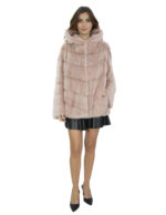 Glockenjacke aus 52 taupefarbenem Pelzpelz für Damen mit Kapuze mit Kreuzschnitt – Bild 5