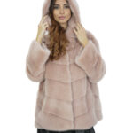Giacca a campana pelliccia visone 52 tortora donna cappuccio modello a taglio trasversale