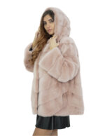 Glockenjacke aus 52 taupefarbenem Pelzpelz für Damen mit Kapuze mit Kreuzschnitt – Bild 3