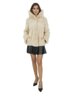 Giacca visone beige pelliccia morbida 44 cappuccio manica lunga chiusura ganci