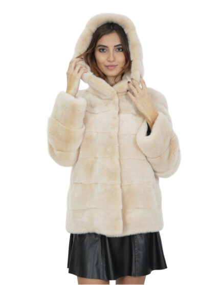 Giacca visone beige pelliccia morbida 44 cappuccio manica lunga chiusura ganci