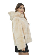 Giacca visone beige pelliccia morbida 44 cappuccio manica lunga chiusura ganci