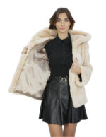 Giacca visone beige pelliccia morbida 44 cappuccio manica lunga chiusura ganci