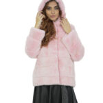 Giacca visone rosa pelliccia morbida 46 cappuccio manica lunga chiusura ganci