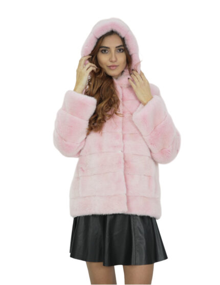 Giacca visone rosa pelliccia morbida 46 cappuccio manica lunga chiusura ganci