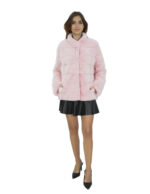 Giacca visone rosa pelliccia morbida 46 collo pistagna manica lunga chiusura ganci