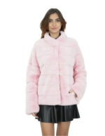 Giacca visone rosa pelliccia morbida 46 collo pistagna manica lunga chiusura ganci