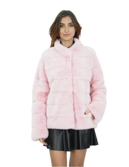 Giacca visone rosa pelliccia morbida 46 collo pistagna manica lunga chiusura ganci