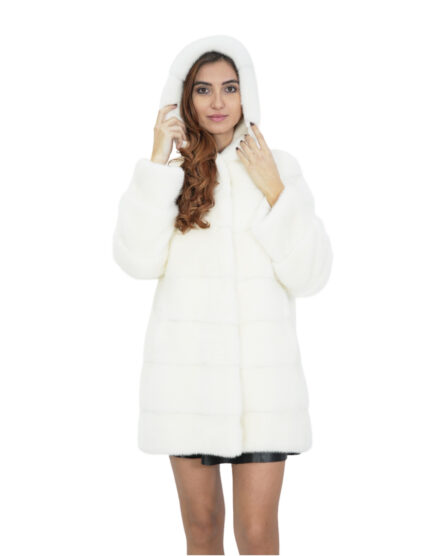 Bianco ottico pelliccia cappotto 46 visone manica lunga orizzontale chiusura ganci tasche esterne