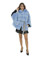 Светло-голубая накидка с капюшоном 48/54 Мех Норка Горизонтальный мех с капюшоном на подкладке — изображение 5