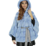 Celeste mantella con cappuccio 48/54 pelliccia visone orizzontale con cappuccio foderato pelliccia