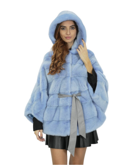 Celeste mantella con cappuccio 48/54 pelliccia visone orizzontale con cappuccio foderato pelliccia