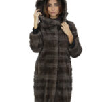 Cappotto studio B visone 42 pelliccia lungo 98 cm con collo cappuccio stoffa e bordo pelliccia a parte