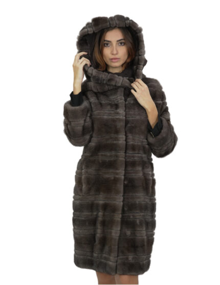 Cappotto studio B visone 42 pelliccia lungo 98 cm con collo cappuccio stoffa e bordo pelliccia a parte