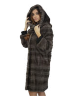 Studio B Nerzmantel 42 Pelz lang 98 cm mit Stoffkapuzenkragen und Fellbesatz auseinander – Bild 4