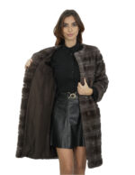 Studio B Nerzmantel 42 Pelz lang 98 cm mit Stoffkapuzenkragen und Fellbesatz auseinander – Bild 8