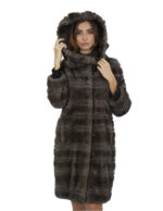 Cappotto studio B visone 46 pelliccia lungo 98 cm con collo cappuccio stoffa e bordo pelliccia a parte