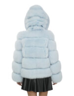 64 cm lange Jacke 42 hellblaues Fuchsfell horizontaler Strick mit langen Ärmeln und Kapuze – Bild 6