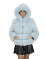 Giacca lunga 64 cm 44 pelliccia volpe celeste lavorazione orizzontale con maniche lunghe e cappuccio