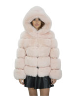 Giacca lunga 64 cm 42 pelliccia volpe rosa cipria lavorazione orizzontale con maniche lunghe e cappuccio