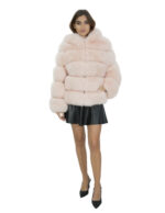 64 cm long jacket 44 powder pink fox fur horizontal knit with long sleeves and hood - Image 5