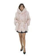 Женская пудрово-розовая куртка из поперечной лисы цвета 46 с меховым капюшоном с крючками с длинными рукавами — изображение 5