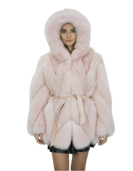 Giacca in volpe trasversale 46 rosa cipria cappuccio pelliccia donna con ganci a maniche lunghe