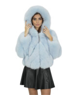 Giacca pelliccia di volpe trasversale 42 manica lunga e cappuccio celeste chiaro chiusura zip